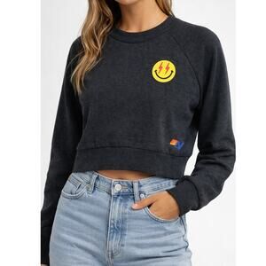 Aviator Nation Smiley Face Patch Cropped Sweatshirt Lightning Bolt Logo Pullover